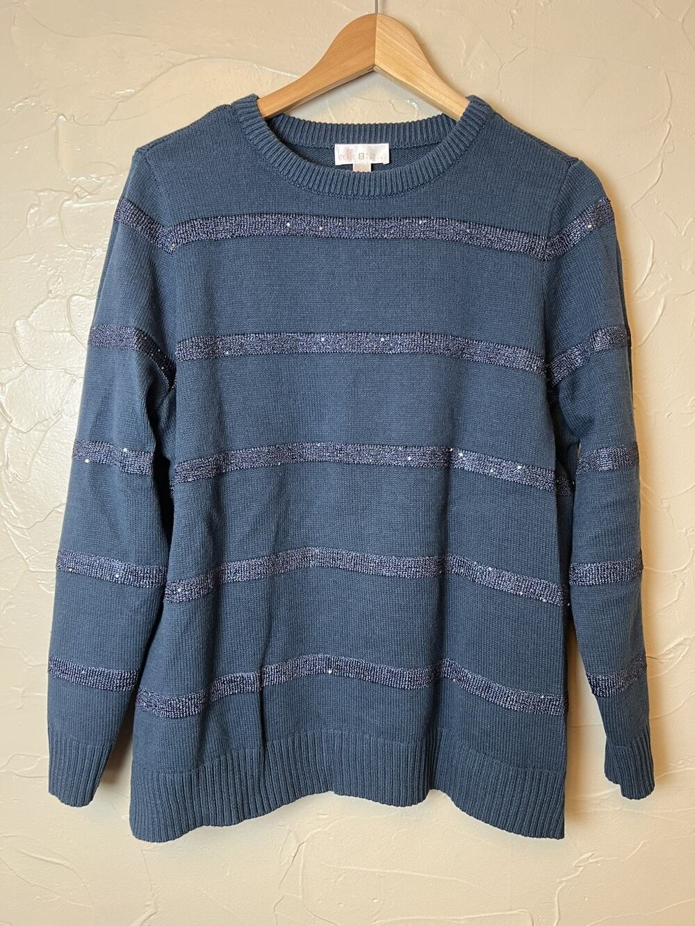 Belle by Kim Gravel Teal Navy Sequin Stripe Sweater Women’s Large Chunky Knit